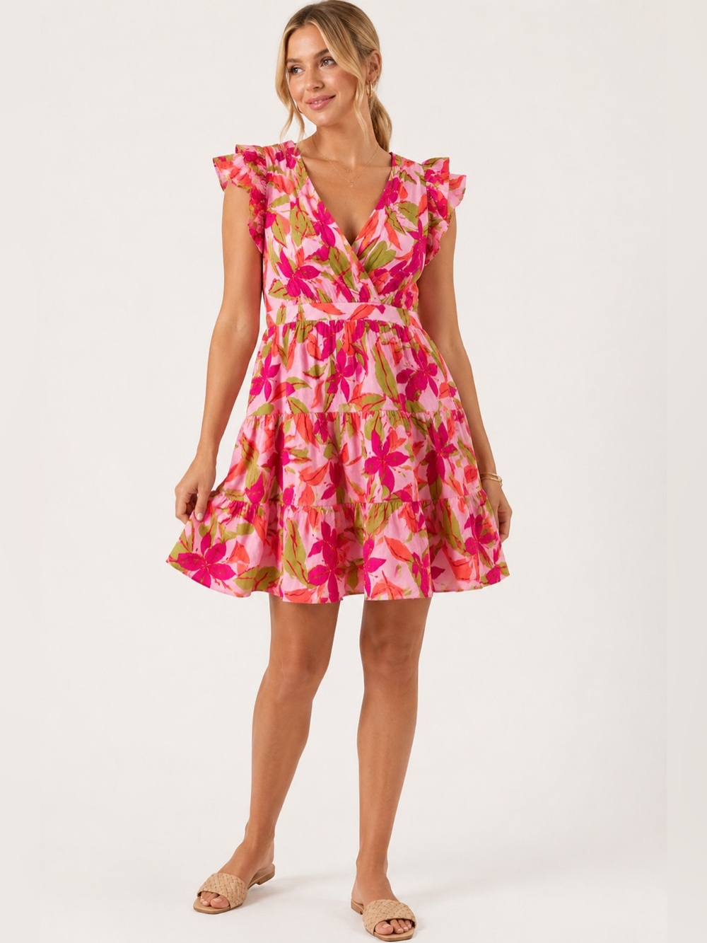 Taylor Pink Tropical Floral Ruffle Tiered Mini Dress Size Large